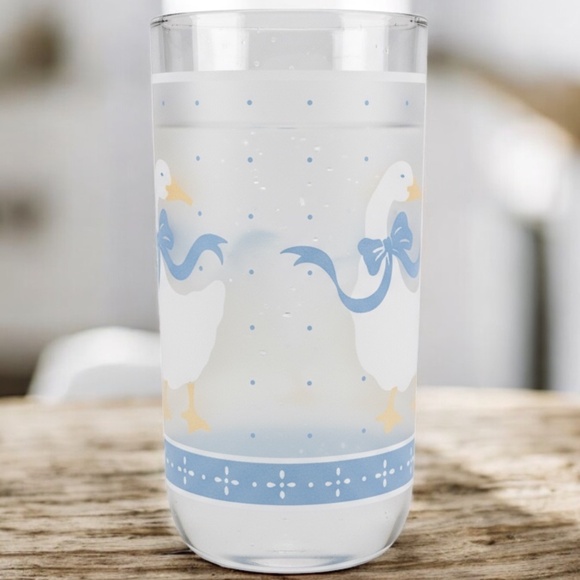 Set 4 Libby Frosted Drinking Glasses Cottagecore Goose Duck Blue Ribbons VTG 6" - Picture 5 of 13